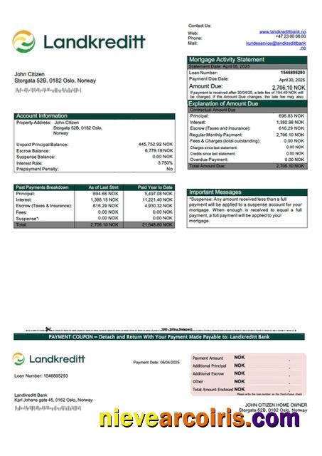 Norway Landkreditt Bank mortgage statement Word and PDF template